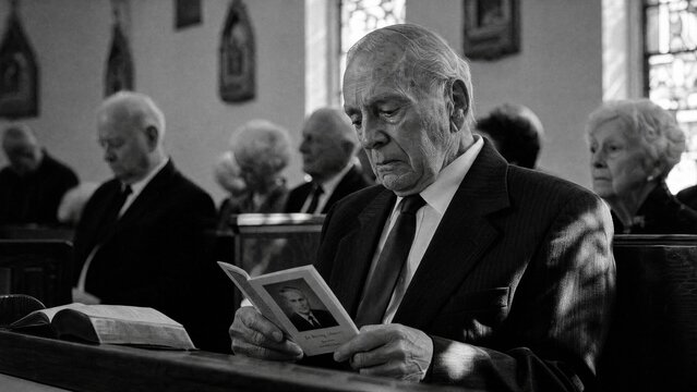 Senior man crying while reading funeral program in church. Mourning elderly widower at memorial service. Concept of grief, loss, loneliness and sadness in old age at funeral.