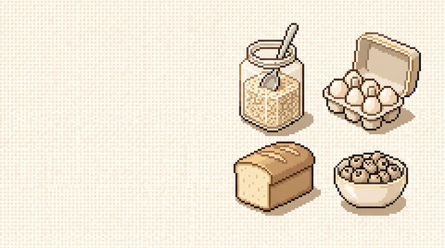 Pixel breakfast ingredients, jar of oats, eggs, bread, and bowl of berries