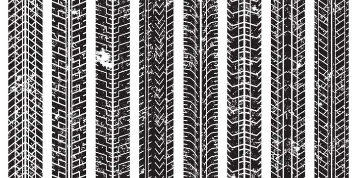 Grunge tire track textures with different tread patterns. Distressed vehicle traces for racing and automotive backgrounds