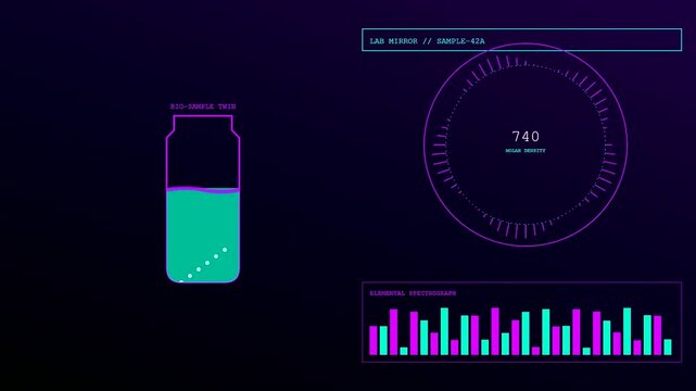A digital twin interface displays fluctuating laboratory fluid data analysis metrics on a dark glowing screen monitoring organic chemical compounds with changing numerical volume levels and graphs