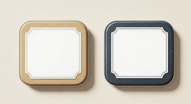 Two square metal cosmetic tins with blank labels, view mockup