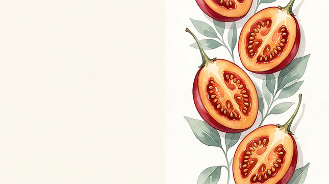 Watercolor of sliced tamarillo fruits with green leaves, vertical border