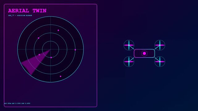 a futuristic digital twin interface displays rotating radar patterns alongside animated drone flight models across a dark glowing screen in this rhythmic motion sequence