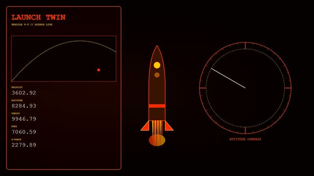 a digital twin interface displays multiple rockets with glowing thrust and navigation telemetry data in this dark futuristic monitoring system for complex aerospace research simulations