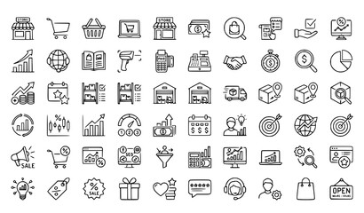 Fototapeta premium Market Shop and Analytics Thin Line Icon Set