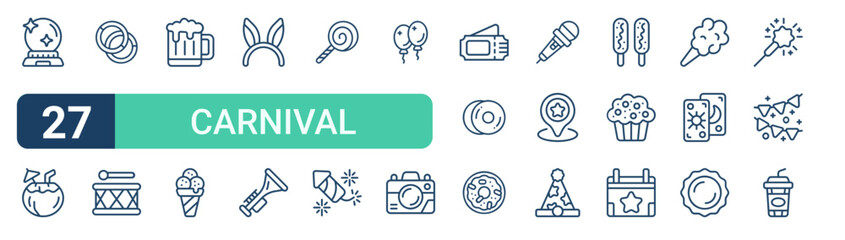 Set of 27 outline Carnival icons for modern UI, landing pages and digital services. Editable stroke collection with magic ball, coconut, hoops, et, cymblas and calendar event. © Elijah