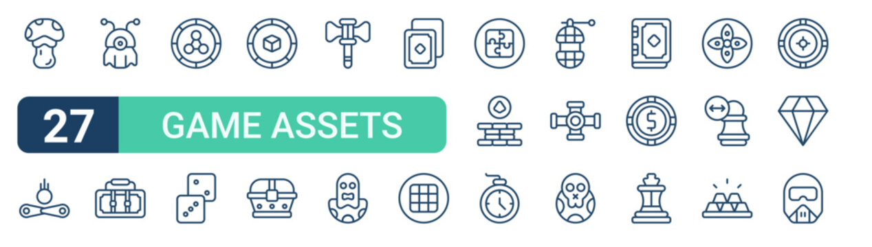 Set of 27 outline Game Assets icons for modern UI, landing pages and digital services. Editable stroke collection with mushroom, pinball, alien, treasure chest, brick and king.