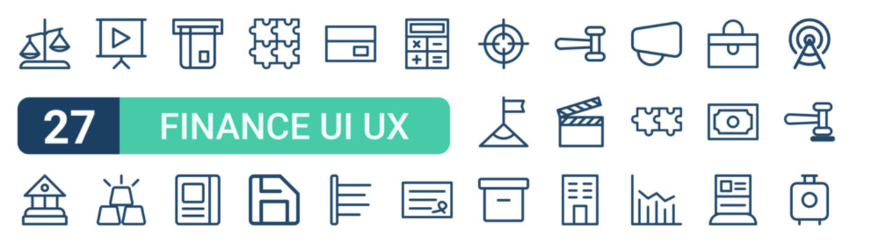 Set of 27 outline Finance UI UX icons for modern UI, landing pages and digital services. Editable stroke collection with justice, bank building, play, save, target and analyics.
