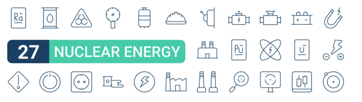 Set of 27 outline Nuclear Energy icons for modern UI, landing pages and digital services. Editable stroke collection with radium, sign, oil barrel, oil barrel, factory and computer.