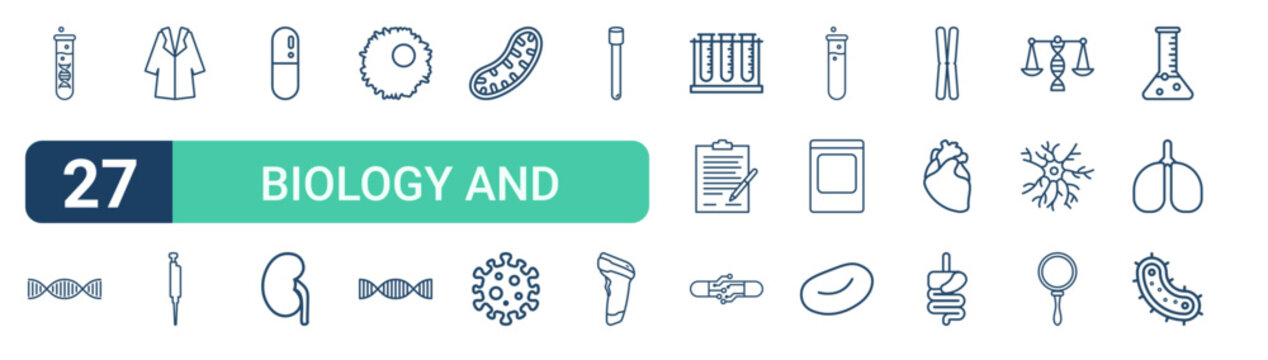 Set of 27 outline Biology and Science icons for modern UI, landing pages and digital services. Editable stroke collection with biological data, gene editing, lab coat, dna, notes and liver.