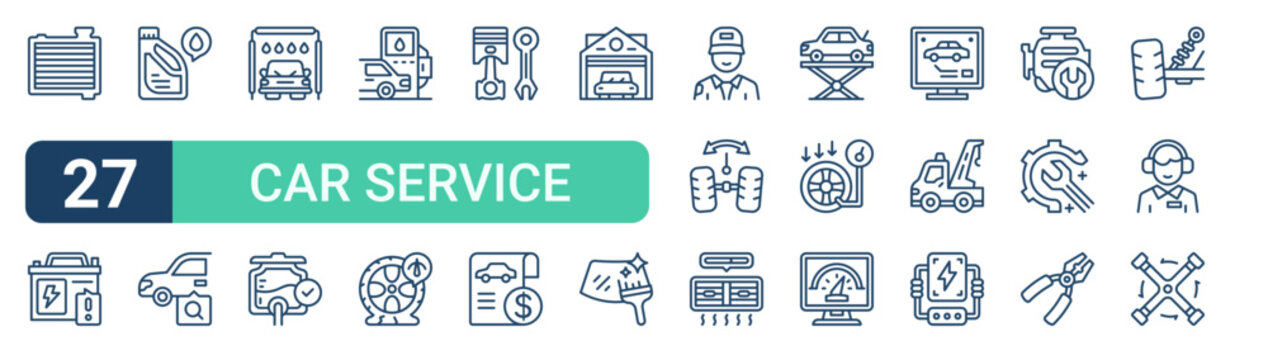 Set of 27 outline Car Service icons for modern UI, landing pages and digital services. Editable stroke collection with radiator, battery check, oil bottle, tire check, wheel alignment and electric