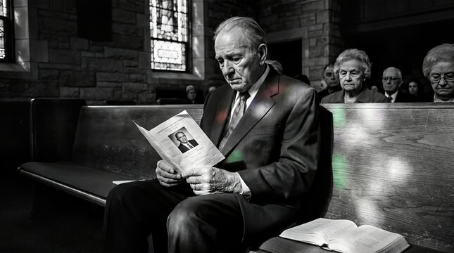 Elderly man sitting in church pew reading funeral program with tearful expression. Sad senior male mourning during memorial service. Concept of loss, grief, loneliness and old age.
