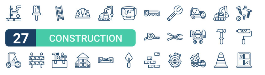 Set of 27 outline Construction Tools icons for modern UI, landing pages and digital services. Editable stroke collection with plumber, steamroller, paint and brush, home, measuring tape and dump © Elijah