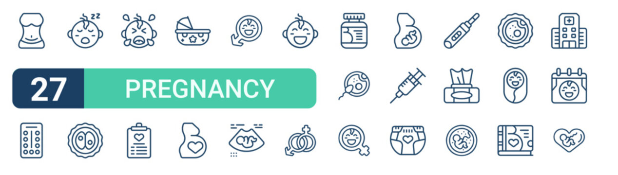 Set of 27 outline Pregnancy icons for modern UI, landing pages and digital services. Editable stroke collection with c section, contraceptive, sleeping, pregnancy, fertilization and embryo.