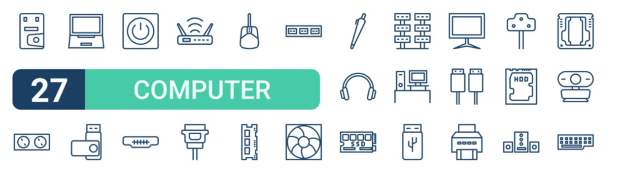 Set of 27 outline Computer icons for modern UI, landing pages and digital services. Editable stroke collection with cpu, extension cord, laptop, sata, headphone and scanner.