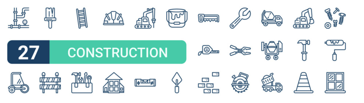 Set of 27 outline Construction Tools icons for modern UI, landing pages and digital services. Editable stroke collection with plumber, steamroller, paint and brush, home, measuring tape and dump