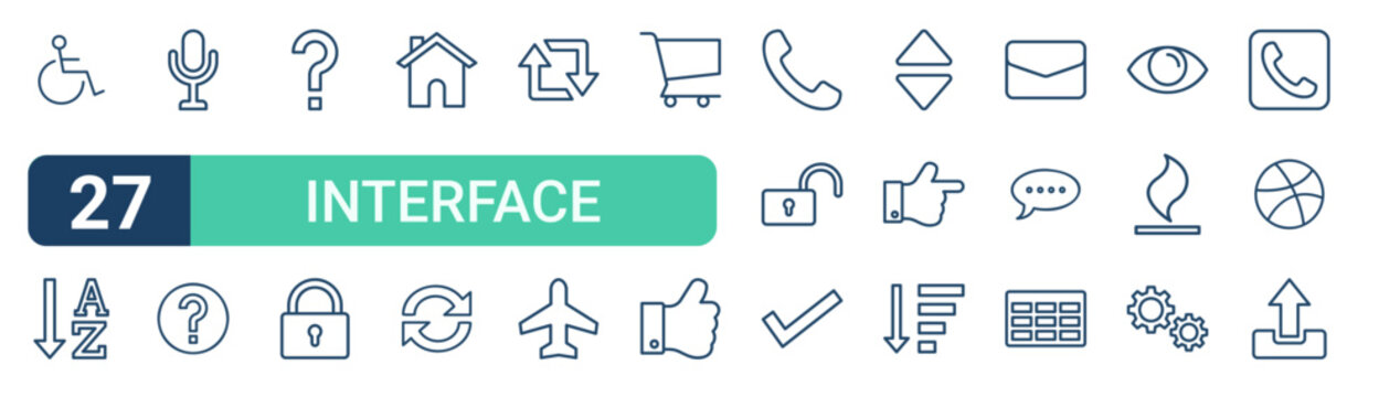 Set of 27 outline Interface icons for modern UI, landing pages and digital services. Editable stroke collection with wheelchair, alphabet, mmicrophone, refresh, open padlock and table.