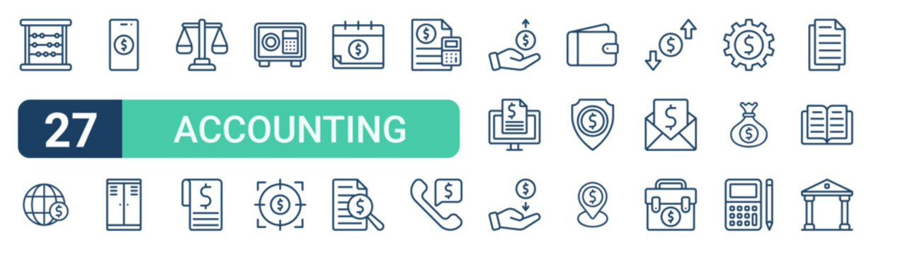 Set of 27 outline Accounting icons for modern UI, landing pages and digital services. Editable stroke collection with abacus, economy, credit, target, computer and portfolio.