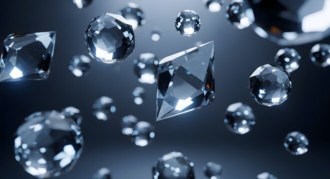 Abstract floating multiple clear transparent glass diamond rock pieces background