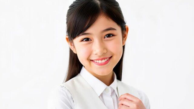Young Woman's Bright Smile: A charming young woman with a warm, radiant smile and neatly tied hair, dressed in professional attire, looks directly at the camera with an inviting expression.