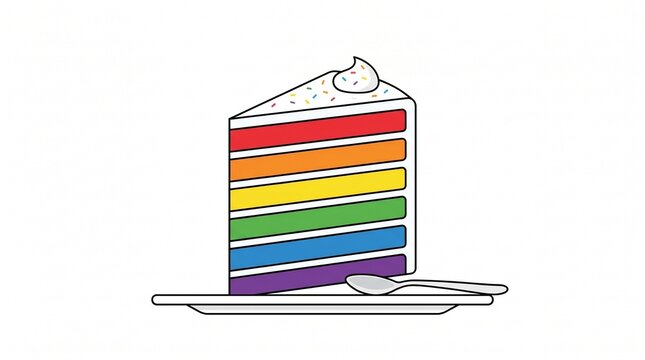 Rainbow Layer Cake Slice on Plate with Spoon, LGBTQ+ Pride Celebration Dessert, Minimalist Illustration Isolated on White Background