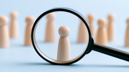 Fototapeta premium Magnifying Glass Focus on Individual Wooden Figure Among Group, Illustrate Talent Acquisition and Human Resources Concept with Light Blue Background