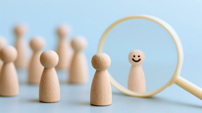 One wooden peg stands out with a happy face reflected in a magnifying glass, symbolizing self-reflection and positive distinction among a group