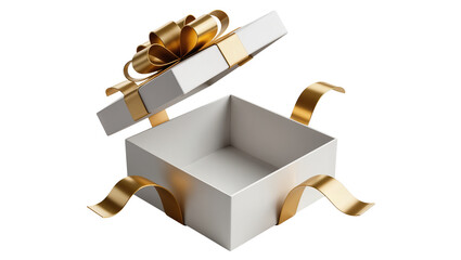 Fototapeta premium Isolated elegant open white gift box with a sophisticated golden ribbon and decorative bow