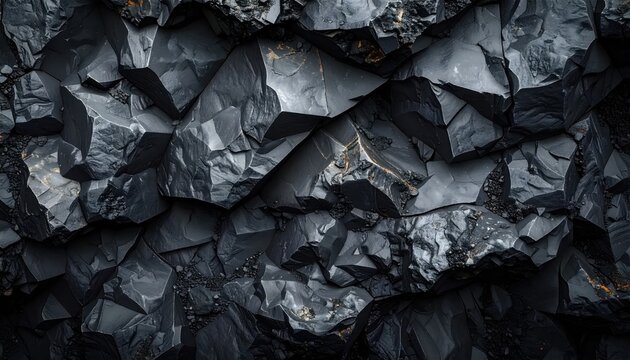 Dark charcoal stone rock texture with sharp crystalline edges and metallic glint, industrial background for moody masculine design