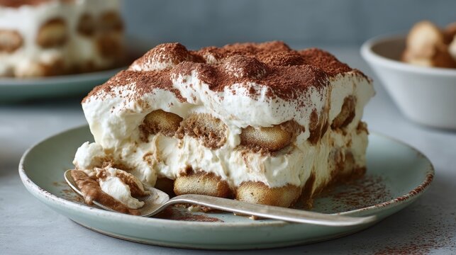 Creamy Tiramisu Dessert with Cocoa Powder on White Plate