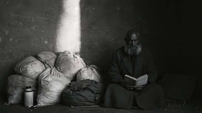 Elderly homeless man reading book while sitting on floor with personal belongings. Sad senior male in poverty feeling lonely. Social issues and human struggle in difficult life situation.