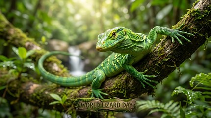 Fototapeta premium World Lizard Day banner concept with a vibrant green lizard perched on a mossy tree branch in a lush tropical rainforest with a blurred waterfall in the background, wildlife conservation.