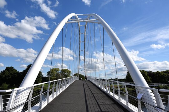 Waterside. New arched bridge over the River Trent for pedestrians and cyclists. Looking across the bridge. Opened in June 2026.
