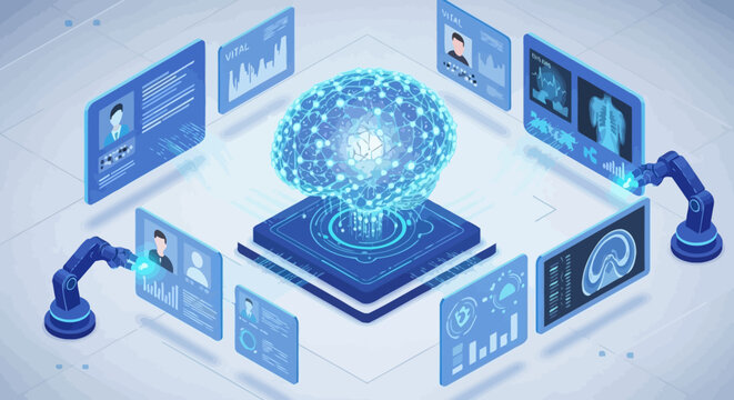 Artificial intelligence brain processing data with robotic automation and digital interfaces.