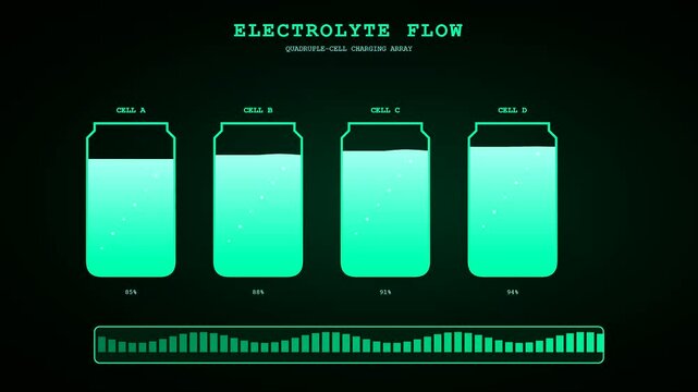 Digital displays showing ev charging progress as glowing liquid levels rise inside four vertical battery modules within a neon green interface for modern energy system monitoring
