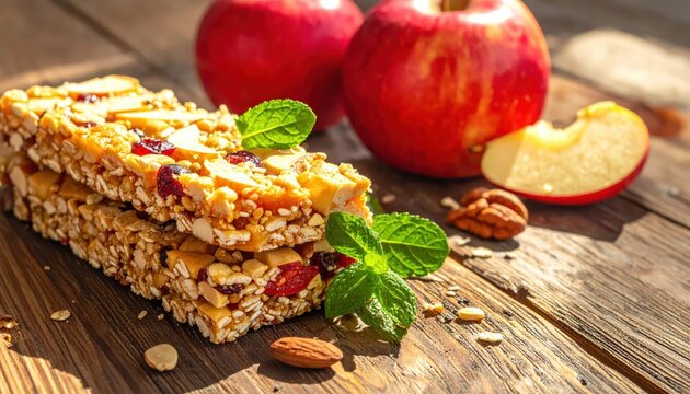 Stack of wholesome fruit-based energy bars with apples, nuts, and mint on a rustic wooden surface