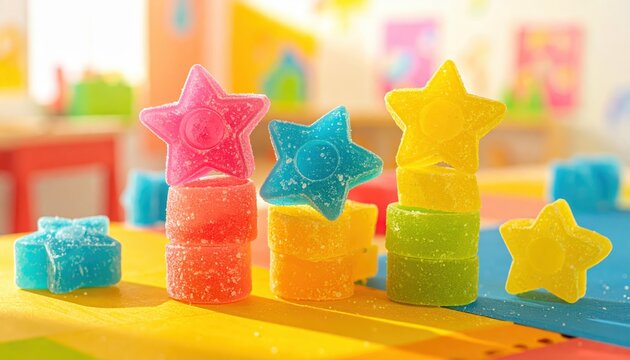 Stacked colorful candy stars and circles in playful arrangements on a bright surface