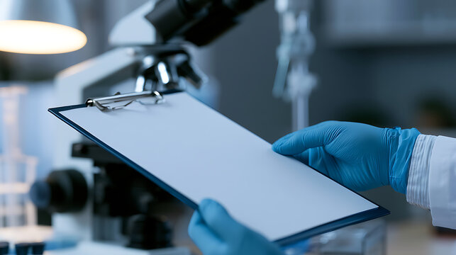 Scientist in blue protective gloves hold a blank clipboard near a microscope in a laboratory, ready for research data entry and analysis