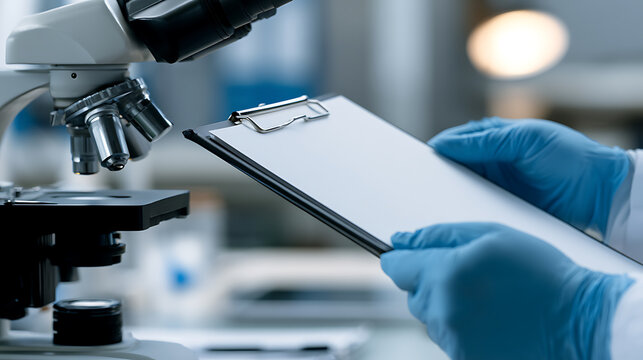 Scientist Hands in Blue Gloves Hold Clipboard Next to Microscope, Prepare for Laboratory Research and Data Recording in a Science Lab