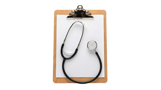 Medical stethoscope lying on a wooden clipboard with empty white paper for notes and health records in a doctor clinic  for patient diagnosis  isolated on transparent background