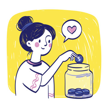 Young woman saving money in a glass jar concept illustration with investment financial inserting planning economic prosperity illustration business personal currency management moneybox