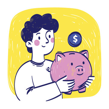 Young man putting a coin into a piggy bank illustration with investment financial planning economic prosperity illustration business personal currency management moneybox security