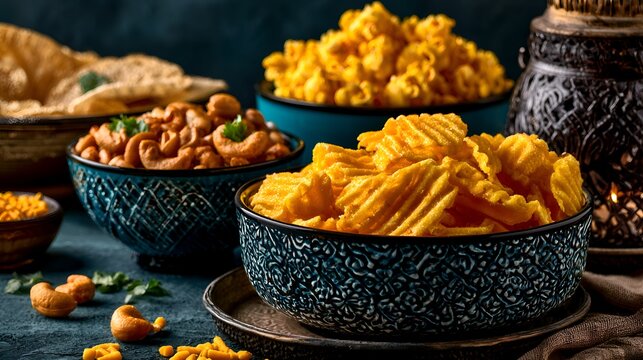Assortment of savory Indian snacks and namkeen in decorative bowls