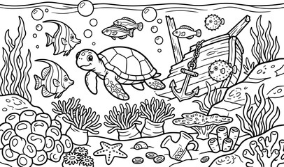 Obraz premium marine life scene cartoon outline hand drawn Line Art illustration doodle art coloring page for kids