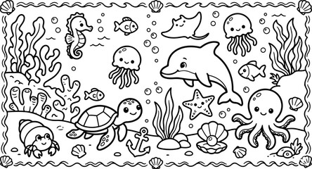 Naklejka premium marine life scene cartoon outline hand drawn Line Art illustration doodle art coloring page for kids