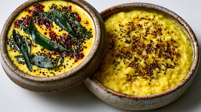 Two bowls of Indian comfort food: yellow dal with cumin seeds and kadhi with curry leaves