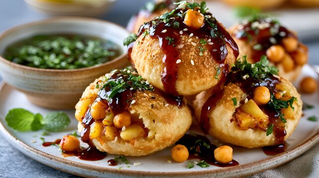 Delicious Indian street food pani puri or golgappa stuffed with chickpeas and chutneys, served on a plate with mint sauce