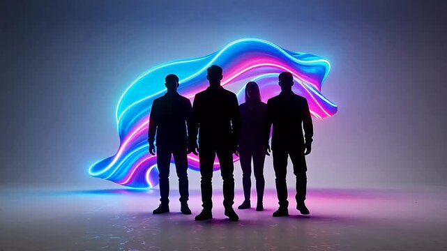 Silhouettes of people with neon art