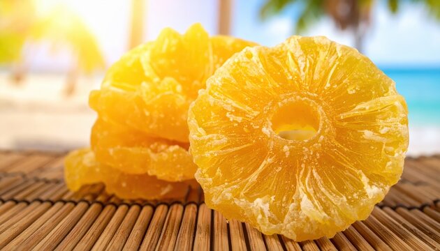 Sun-kissed chewy dried pineapple slices and chunks presented on a woven bamboo mat