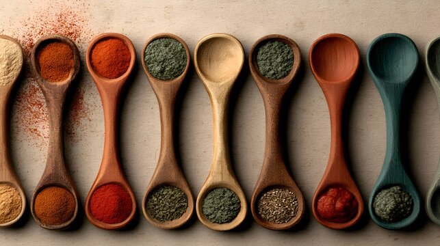 Assortment of wooden spoons filled with colorful spices and herbs on a textured surface